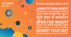 Banner de Open Access Week de ACRL. Se lee el tema de 2019: Open for Whom?